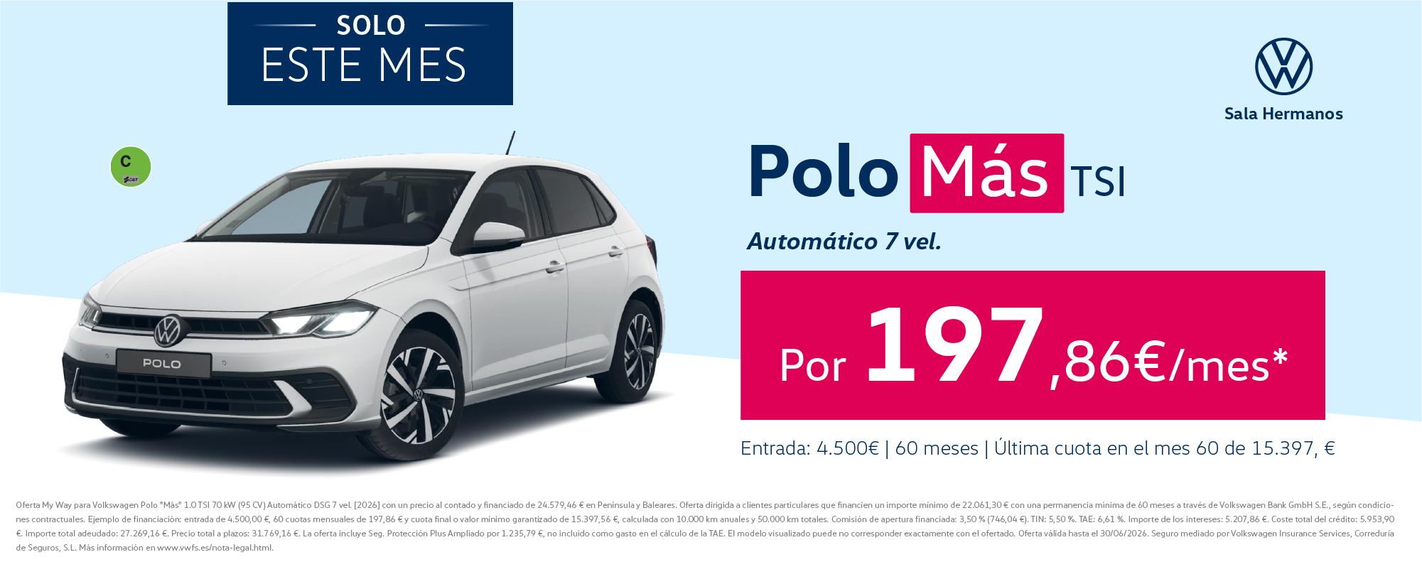 Polo Más 95 CV TSI gasolina por 197,86 €/mes